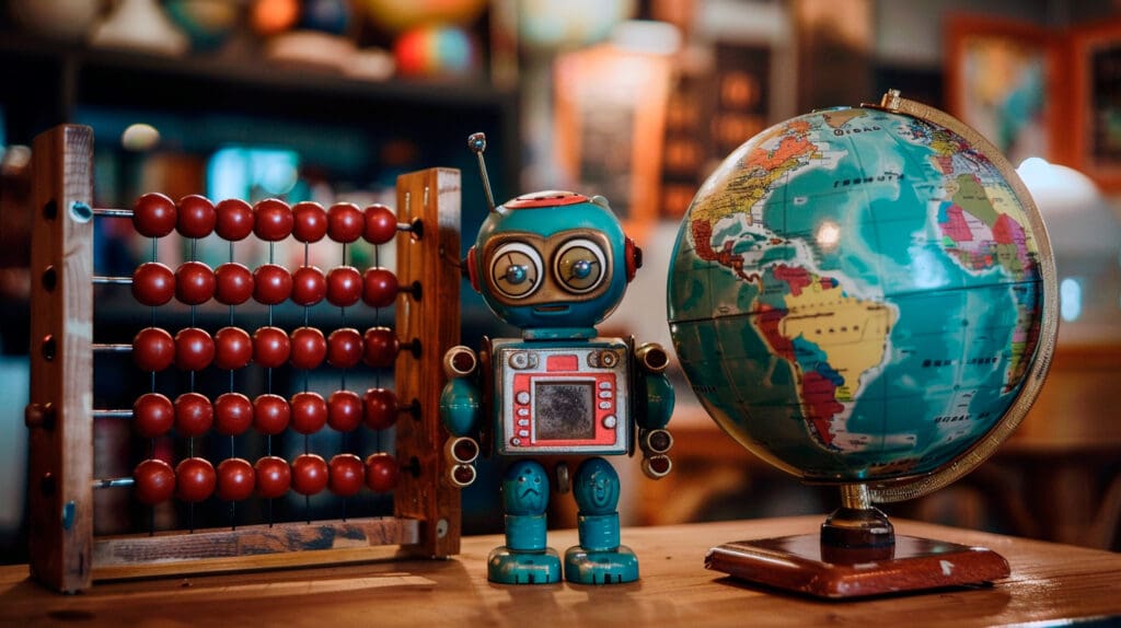 IA en Agencias de viajes, robot con un globo terráqueo de mesa y un ábaco