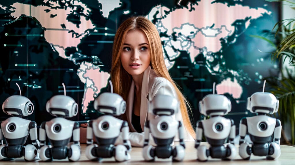 Agente de viajes ayudada por la IA con robots en una mesa