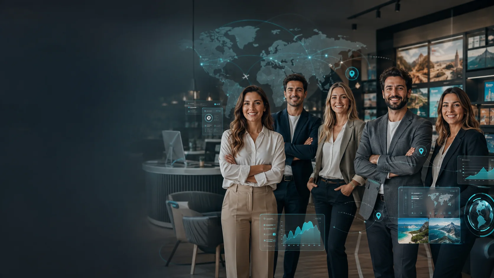 Equipo de agencia de viajes con elementos tecnológicos y mapas
