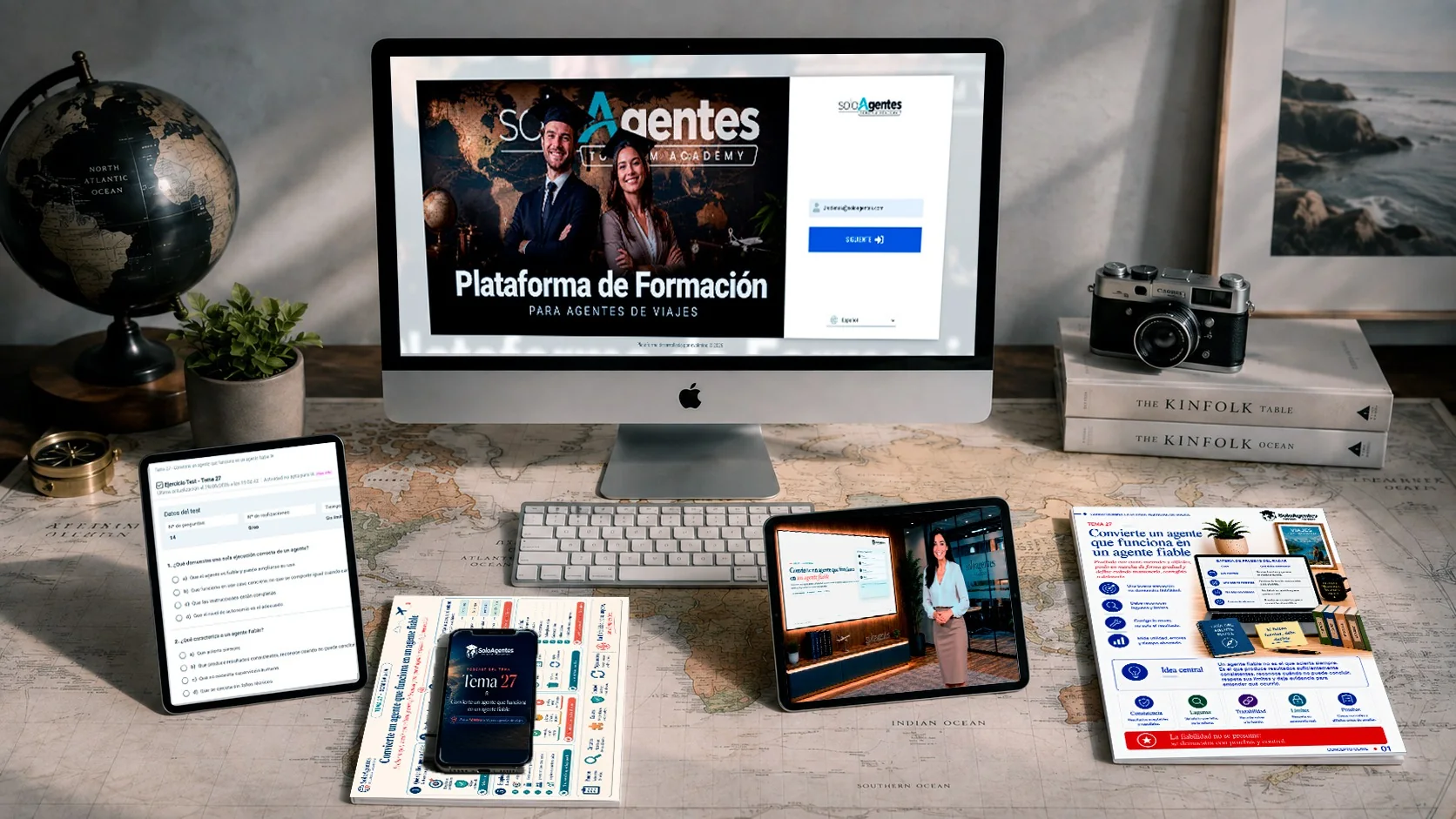 Bodegón con el campus, test, vídeo, podcast, ejercicios e infografía reales del curso DOMINA la IA